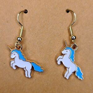 New Hand Crafted Cute White & Blue Unicorn Hook Earrings 14K Gold Plated